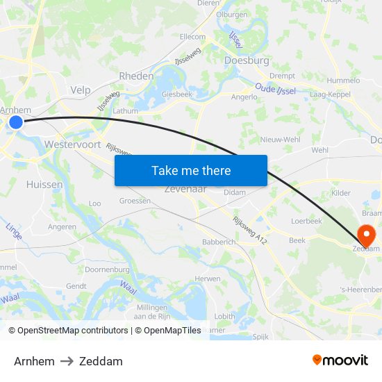 Arnhem to Zeddam map