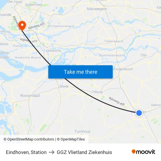 Eindhoven, Station to GGZ Vlietland Ziekenhuis map