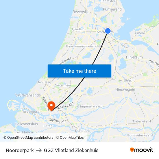 Noorderpark to GGZ Vlietland Ziekenhuis map