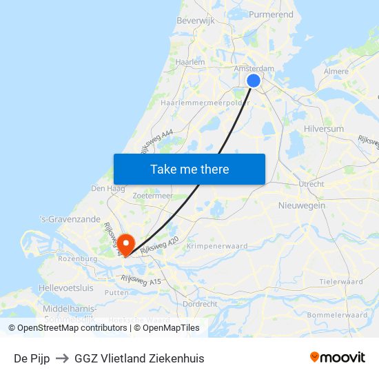 De Pijp to GGZ Vlietland Ziekenhuis map