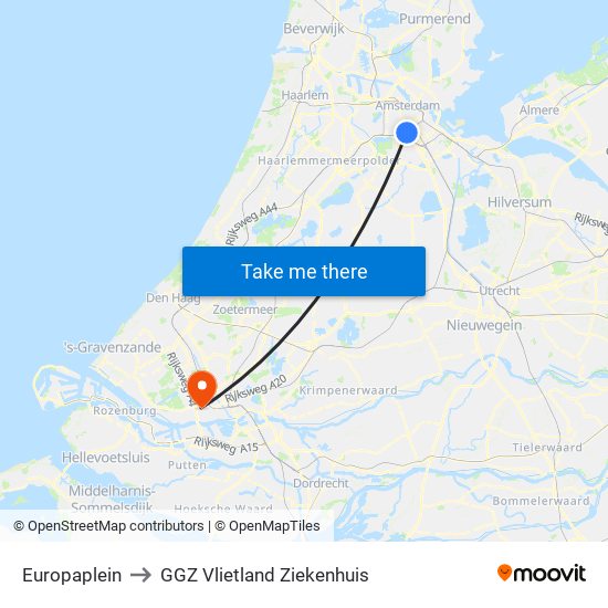 Europaplein to GGZ Vlietland Ziekenhuis map