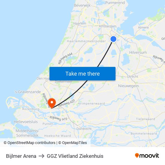 Bijlmer Arena to GGZ Vlietland Ziekenhuis map