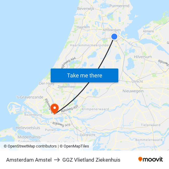 Amsterdam Amstel to GGZ Vlietland Ziekenhuis map