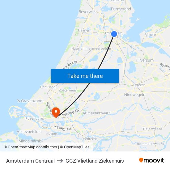 Amsterdam Centraal to GGZ Vlietland Ziekenhuis map