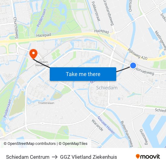 Schiedam Centrum to GGZ Vlietland Ziekenhuis map