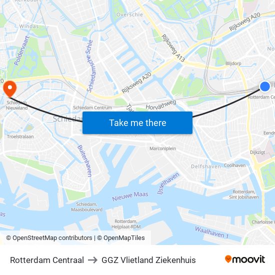 Rotterdam Centraal to GGZ Vlietland Ziekenhuis map