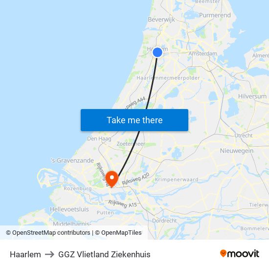 Haarlem to GGZ Vlietland Ziekenhuis map