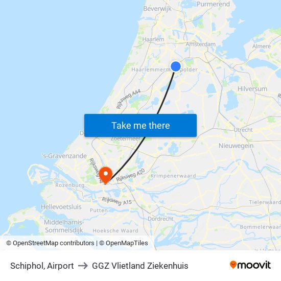 Schiphol, Airport to GGZ Vlietland Ziekenhuis map