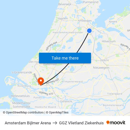 Amsterdam Bijlmer Arena to GGZ Vlietland Ziekenhuis map