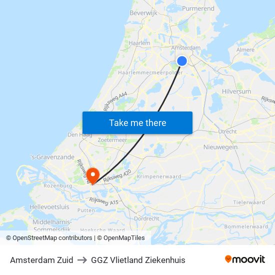 Amsterdam Zuid to GGZ Vlietland Ziekenhuis map