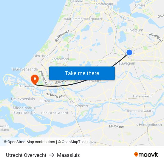 Utrecht Overvecht to Maassluis map