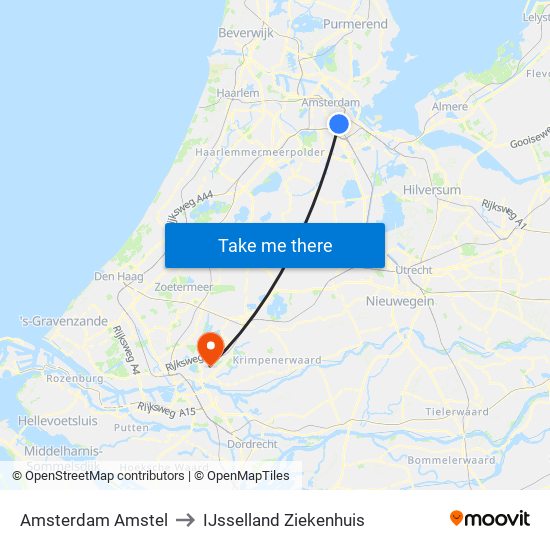 Amsterdam Amstel to IJsselland Ziekenhuis map