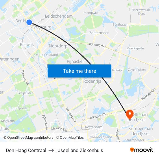 Den Haag Centraal to IJsselland Ziekenhuis map