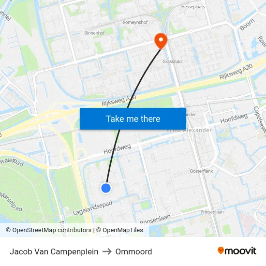 Jacob Van Campenplein to Ommoord map