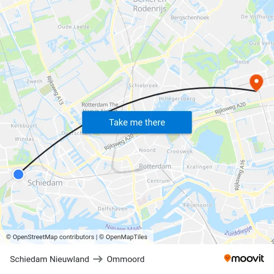 Schiedam Nieuwland to Ommoord map