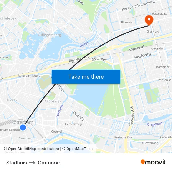Stadhuis to Ommoord map