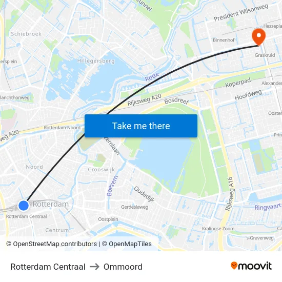 Rotterdam Centraal to Ommoord map