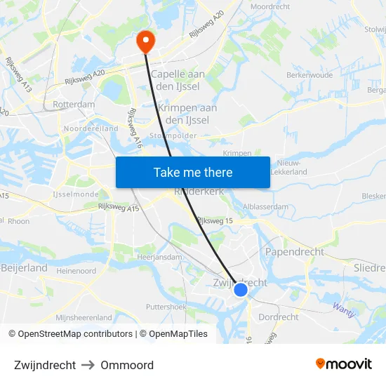 Zwijndrecht to Ommoord map