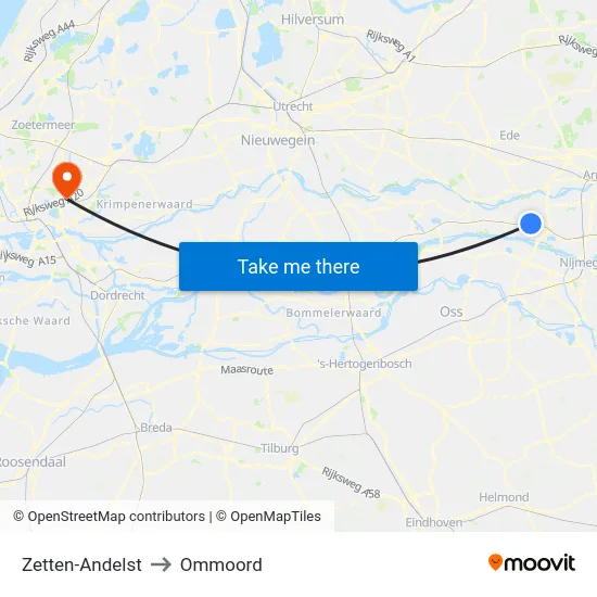Zetten-Andelst to Ommoord map