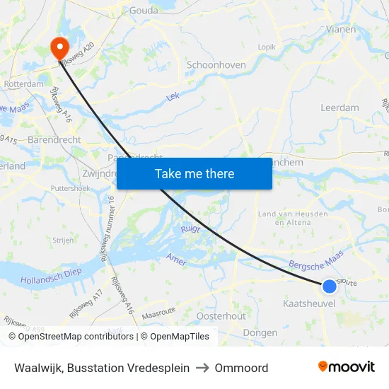 Waalwijk, Busstation Vredesplein to Ommoord map