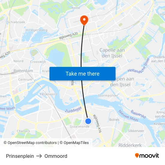 Prinsenplein to Ommoord map