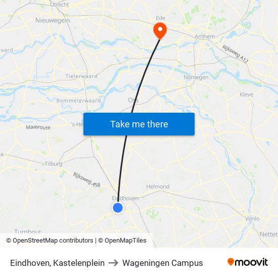 Eindhoven, Kastelenplein to Wageningen Campus map