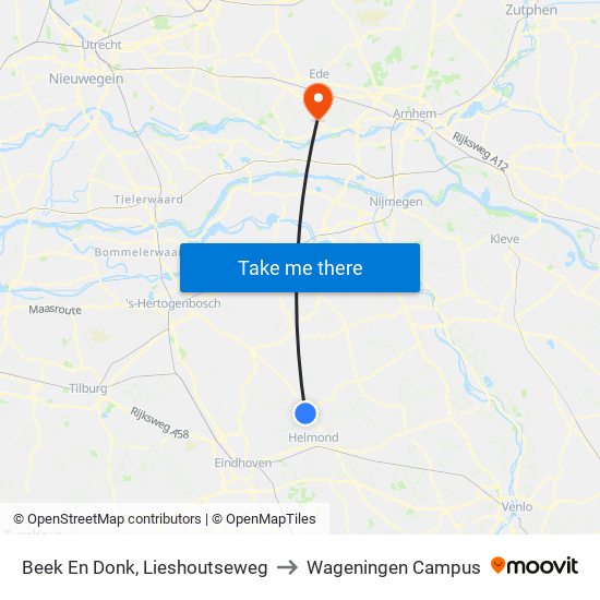 Beek En Donk, Lieshoutseweg to Wageningen Campus map