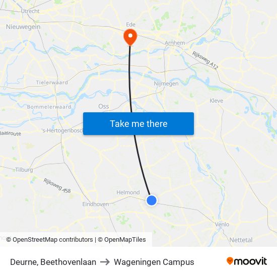 Deurne, Beethovenlaan to Wageningen Campus map