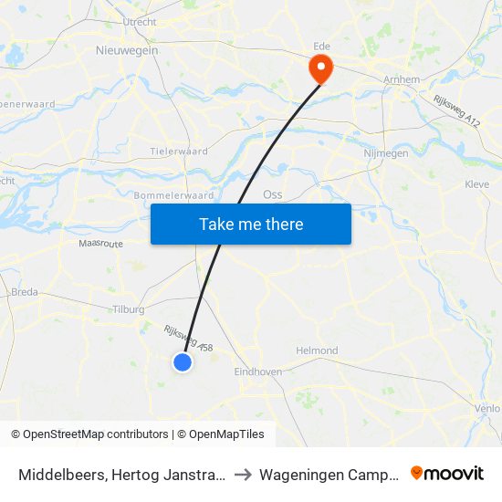 Middelbeers, Hertog Janstraat to Wageningen Campus map