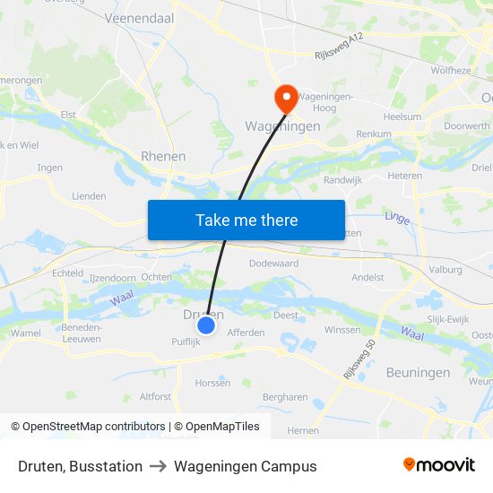 Druten, Busstation to Wageningen Campus map