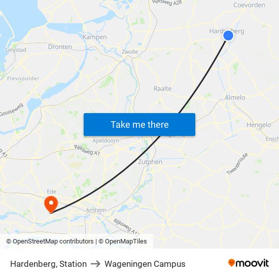 Hardenberg, Station to Wageningen Campus map