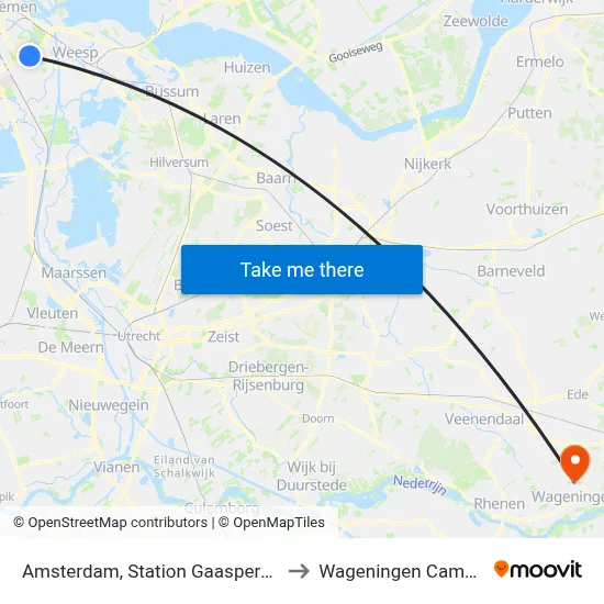 Amsterdam, Station Gaasperplas to Wageningen Campus map