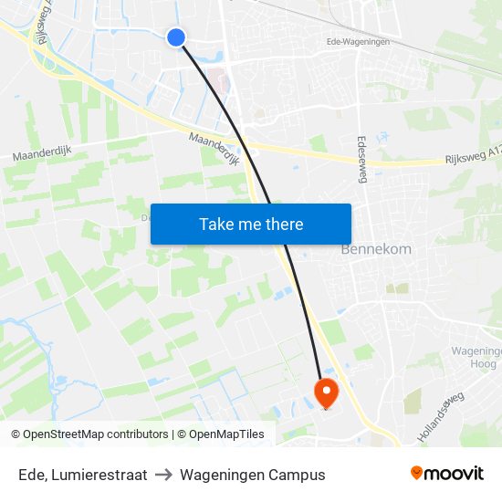 Ede, Lumierestraat to Wageningen Campus map