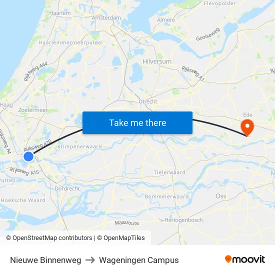 Nieuwe Binnenweg to Wageningen Campus map