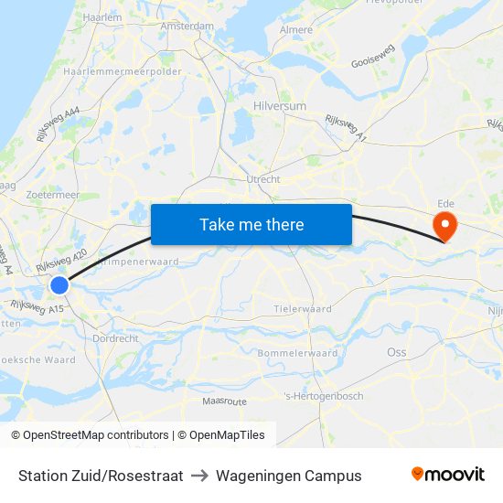 Station Zuid/Rosestraat to Wageningen Campus map