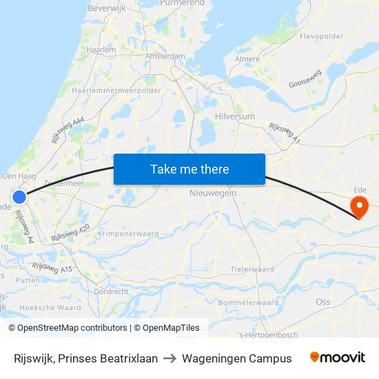 Rijswijk, Prinses Beatrixlaan to Wageningen Campus map