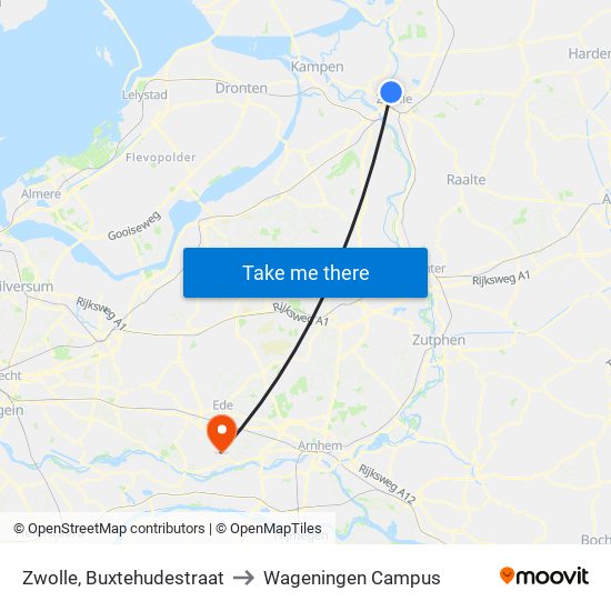 Zwolle, Buxtehudestraat to Wageningen Campus map