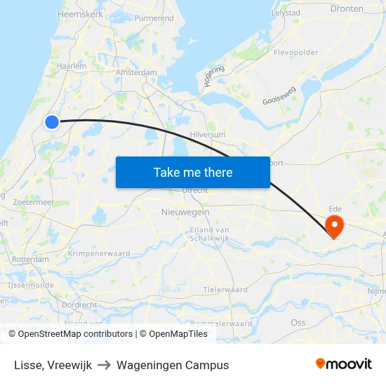 Lisse, Vreewijk to Wageningen Campus map