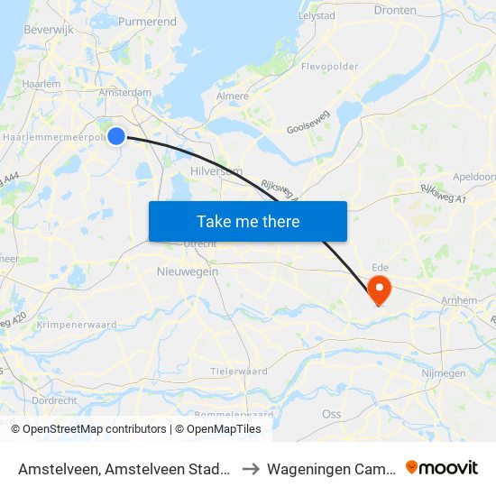 Amstelveen, Amstelveen Stadshart to Wageningen Campus map