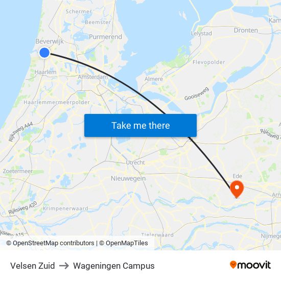 Velsen Zuid to Wageningen Campus map