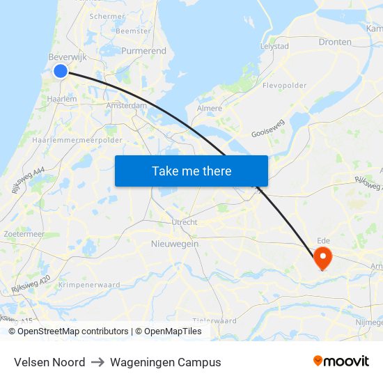 Velsen Noord to Wageningen Campus map
