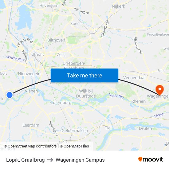 Lopik, Graafbrug to Wageningen Campus map