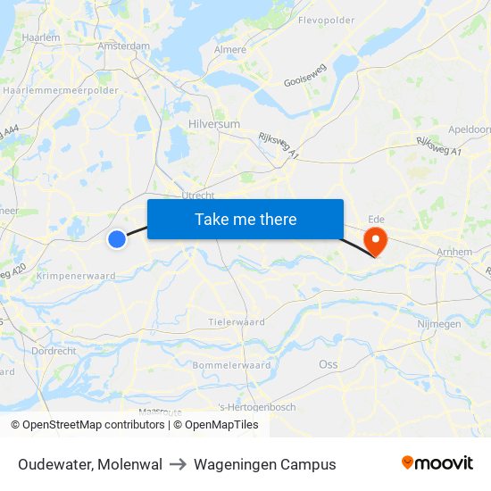 Oudewater, Molenwal to Wageningen Campus map