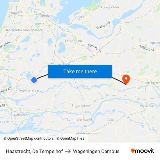 Haastrecht, De Tempelhof to Wageningen Campus map