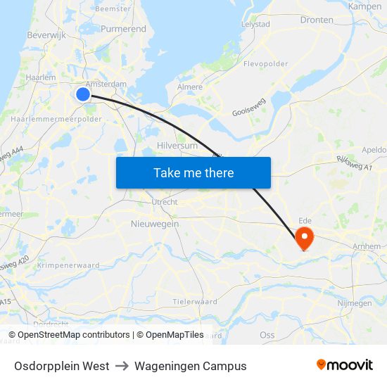 Osdorpplein West to Wageningen Campus map