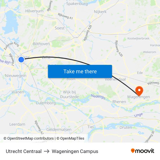 Utrecht Centraal to Wageningen Campus map