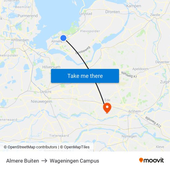 Almere Buiten to Wageningen Campus map
