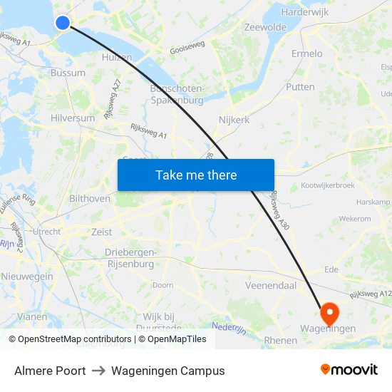 Almere Poort to Wageningen Campus map