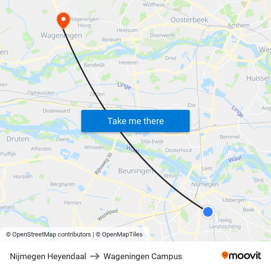 Nijmegen Heyendaal to Wageningen Campus map
