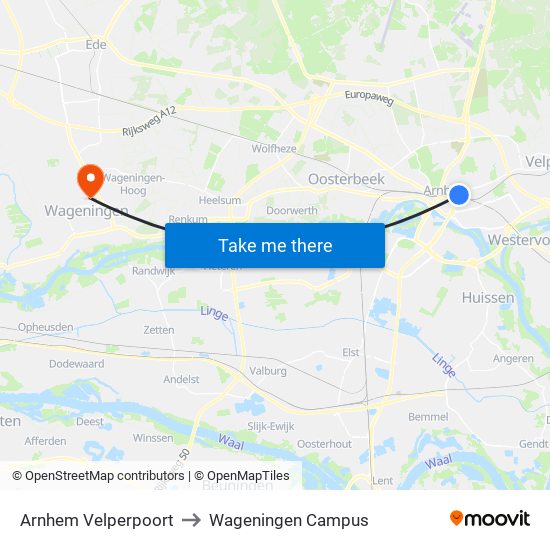 Arnhem Velperpoort to Wageningen Campus map